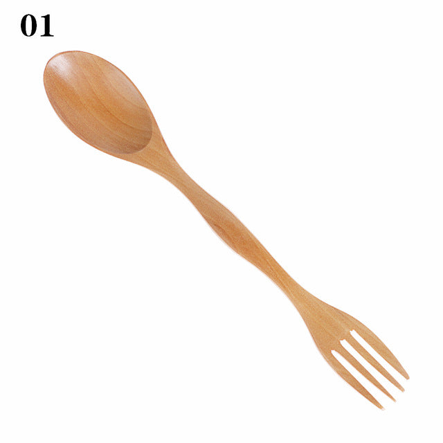 1PC 2 in1 Natural Wood Cutlery Dual Head Soup Spoon Fork Dinner Tableware Set DIY Kitchen Accessories